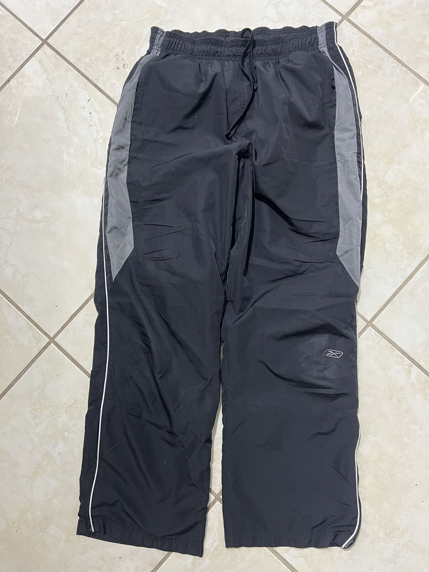 Vintage Reebok Track Pants Mens L Black Gray Fleece Lined Straight Baggy Active
