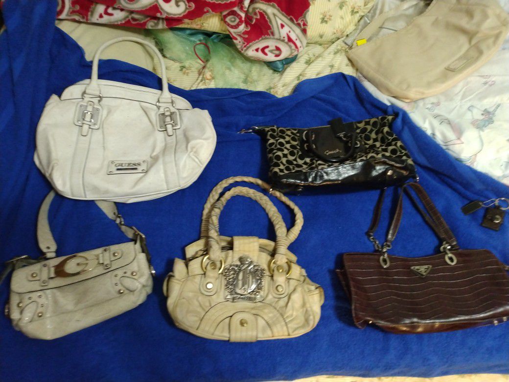 Five Brand Name Used Purses  And One Keychain Need A Little Tender Loving Care