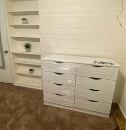 White 8 drawer dresser with rails