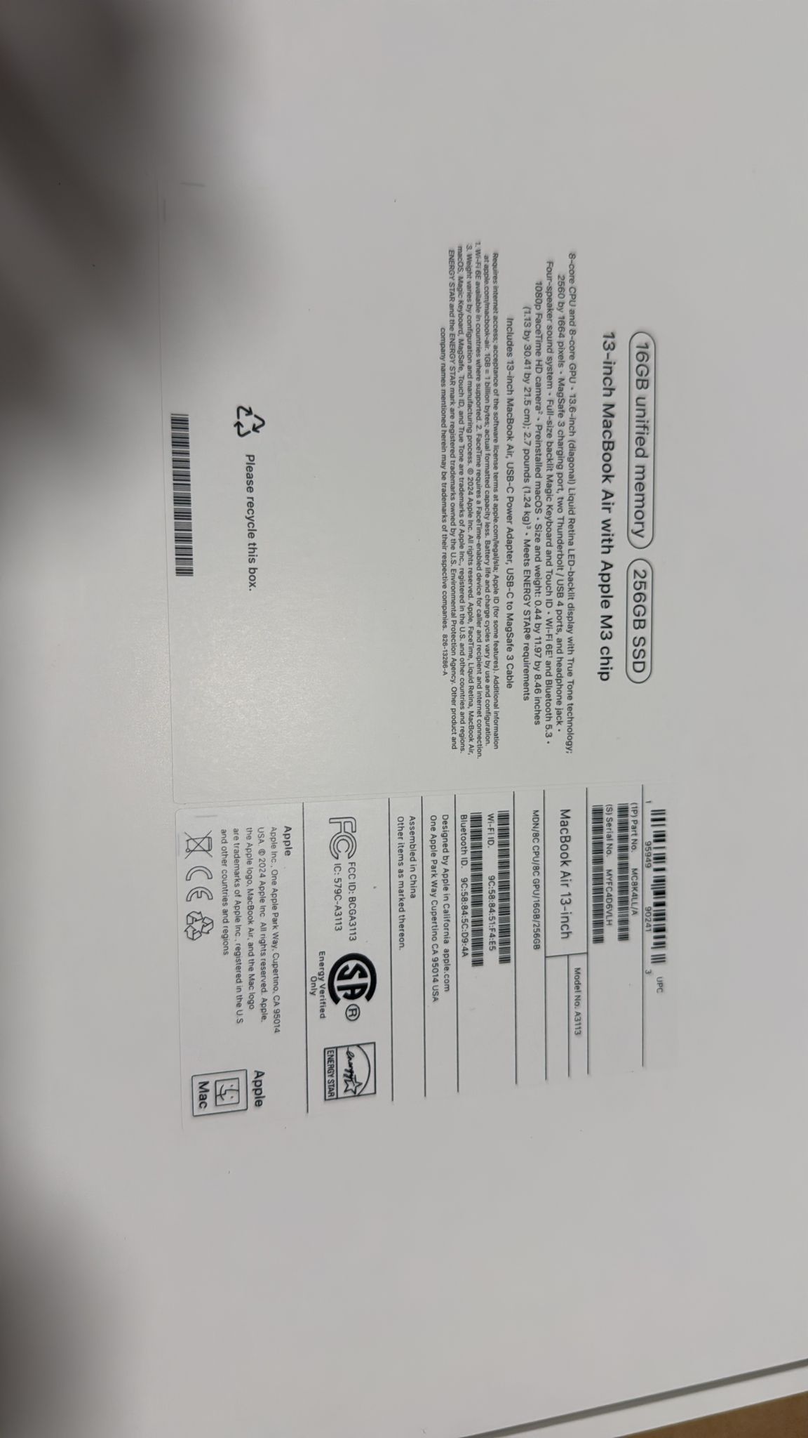 M3 Apple MacBook Air 16 Gb | 256 GB SSD