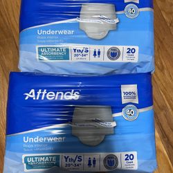 2 Attends Youth Small Disposable Underwear 20-34”  20 Ct, 4 pack $20
