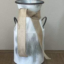 Tall White Vase W/ Metal Handles 