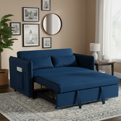 Shreveport 55" Velvet Pull-Out Loveseat Sleeper Sofa Bed with Side Pockets, Blue