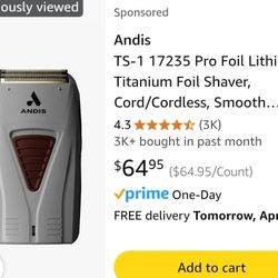 Andis TS-1 17235 Pro Foil Lithium Titanium Foil Shaver, Cord/Cordless, Smooth Shaving Cordless Shaver with Charger, Gray
