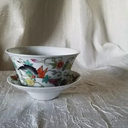 Antique/Vintage Chinese Tea Cup and Saucer Decorated with Flowers Butterflies