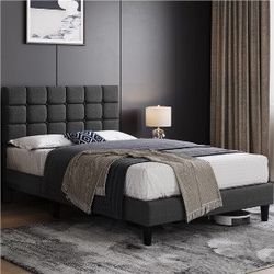 Upholstered Bed Frame, Modern Platform Bed Frame with Square Tufted Headboard, Strong Wooden Slats Support Height Adjustable
