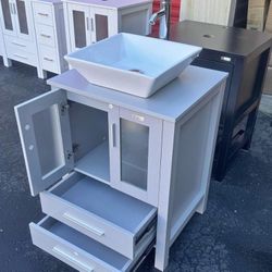 Brand New 24” Modern Bathroom Vanity Sink Combo Black Stand Cabinet Gray Square Ceramic Vessel Sink 
