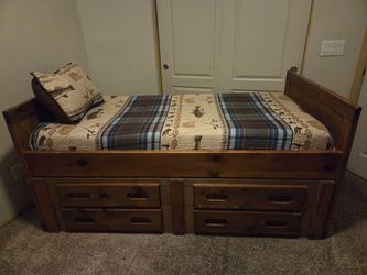 Rustic Solid Wood Twin Captain's Bed / Daybed with 4 Storage Drawers + Mattress