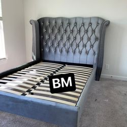 Grey Velvet Platform Bed Frame Queen Size 