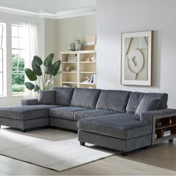 Chino- Convertible U-shaped Combination Sofa Corduroy Fabric Modern Comfortable Large Size 4 Seat Sofa Dark Grey