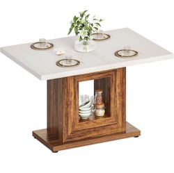 LITTLE TREE Dining Table for 4, 47" Rectangle Farmhouse Kitchen Dinner Table with Rustic Wood Storage for Small Spaces, Dining Room, White & Brown