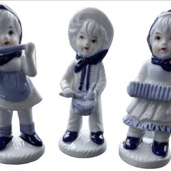 3 Porcelain Victorian Boy & Girls Instrument Players Blue & White Figurines