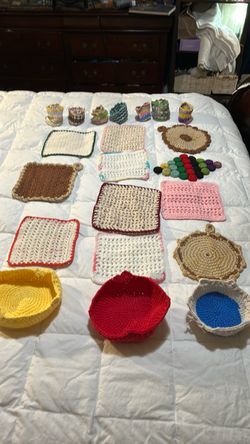 Huge Lot of Handmade Crochet Kitchen Decor - Pot Holders & Cozy Bowls-21 total $45 CASH