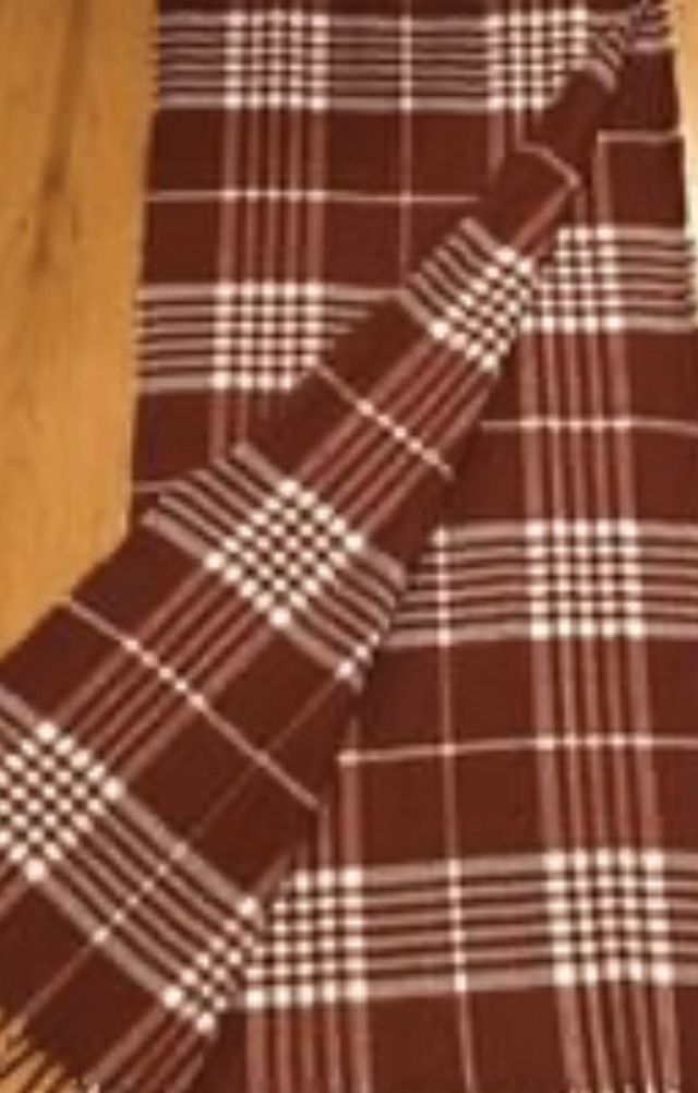 Fall / Winter Burgundy And White Plaid Scarf With Fringe 66.5” L X 12”W