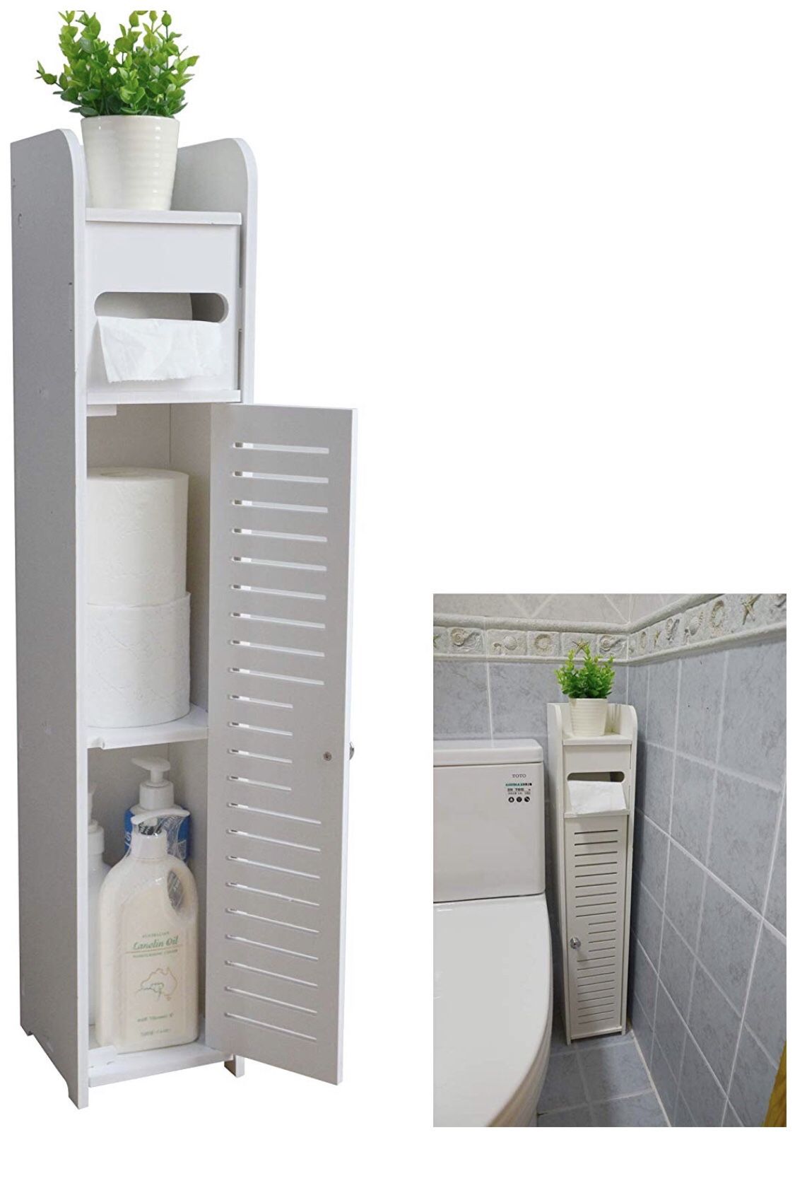 Small Bathroom Storage Corner Floor Cabinet with Doors and Shelves, Thin Toilet Vanity Cabinet, Narrow Bath Sink Organizer, Towel Storage Shelf for P