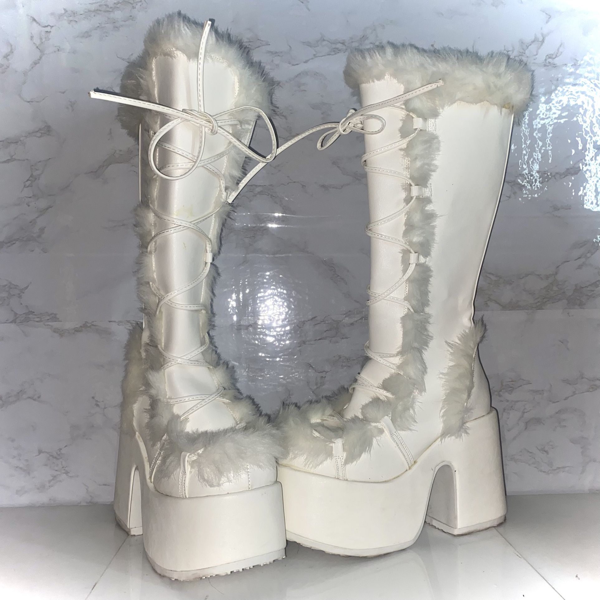 Demonia White Camel-311 Fur Platform Boots