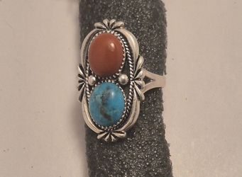 ​Vintage Southwestern Sterling Silver Turquoise & Red Jasper Two-Stone Statement Ring, Navajo Style