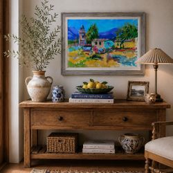 Vintage Signed Mediterranean Landscape Painting Framed 30x24