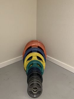 Body Solid colored weight plates , Body Solid Calf Block , Curl Bar, Lat Bar with Two Sets Of Collars