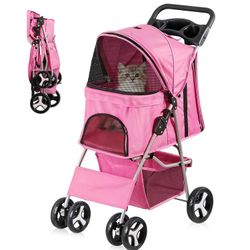 New Pink Foldable Pet Stroller, Cat/Dog Stroller with 4 Wheel, Pet Travel Carrier Strolling Cart