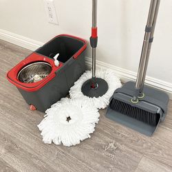 New in box $30 (Combo Set) Broom Dustpan and Spin Mop Extended Handle w/ 2pc Microfiber Replacements 
