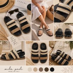 Mila Paoli Italy Sandals 8 Woven Raffia Leather Footbed Boho Comfort Walk Slides