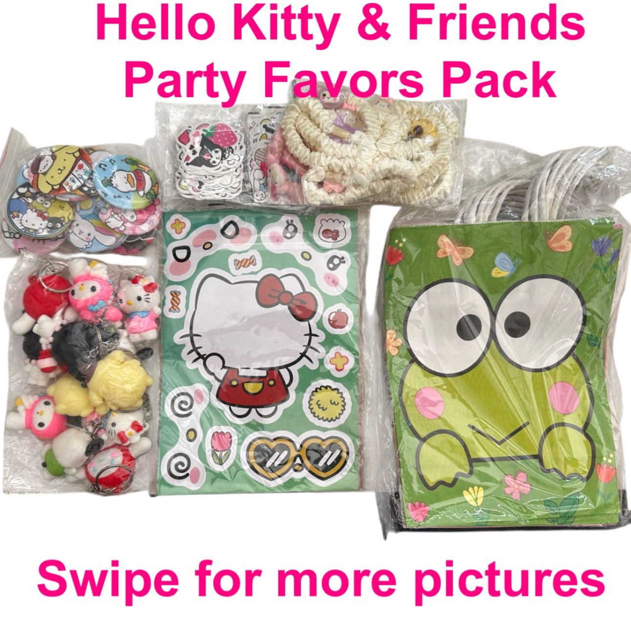 Sanrio Hello Kitty & Friends Party Favors Pack Gift Bags Stickers Buttons Keychains Hair Ties