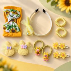 Women’s Floral Bow Hair Accessories Set Headband Claw Clip Scrunchies Yellow