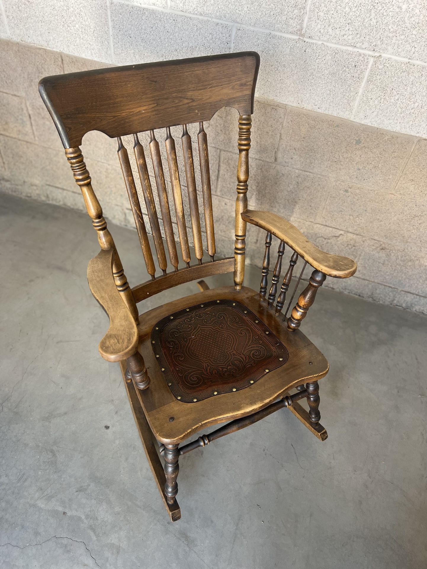 Antique Rocking Chair with Decorative Leather Inlay (over 100 years old)