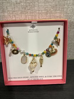 Atterri woman owned Gold plated 16”+3”Necklace Semi precious stones CZ Shell NIB
