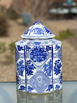 14" Asian Oriental Blue White Porcelain Chinoiserie Large Vase Jar Lid Floral 