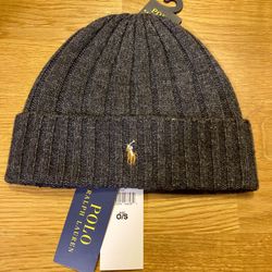 New POLO RALPH LAUREN Mens Beanie Hat,Wool Ribbed Cuff Pony Logo, Dark Gray