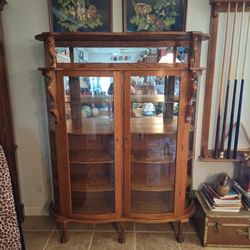 Antique Large Victorian Oak Bow Glass China Cabinet Curio with Mirrored Top Shelf