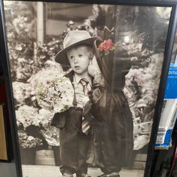 Boy And Girl  Photo Black And Grey With Flowers Accented 