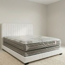New Queen Size Bed Frame With MATTRESS And Box spring Set 3PCS NEW BED SET // CAMA QUEEN NUEVA // WHITE BED VELVET 