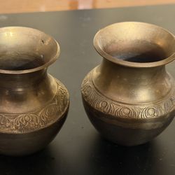 Vintage Indian brass holy water pots, also known as a kalash or lota, with engraved floral designs.  