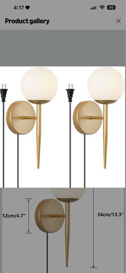 Mid Century Modern Globe Wall Sconce Set of Two Plug in Cord Brushed Gold Bathroom Wall Sconce Light Set of 2 Plug in Frosted White Glass Bedroom Plug