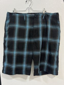 Quiksilver Shorts Blue Black Plaid Flat Front Men's 38 Logo Walk Skate Beach Y2K