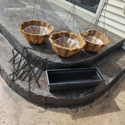 Three Hanging Baskets One Black Long Planter Box 