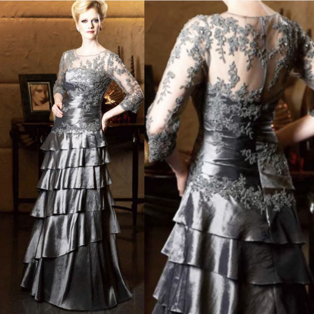 Jade Couture taffeta mesh embroidered layered elegant evening gray gown Size 2