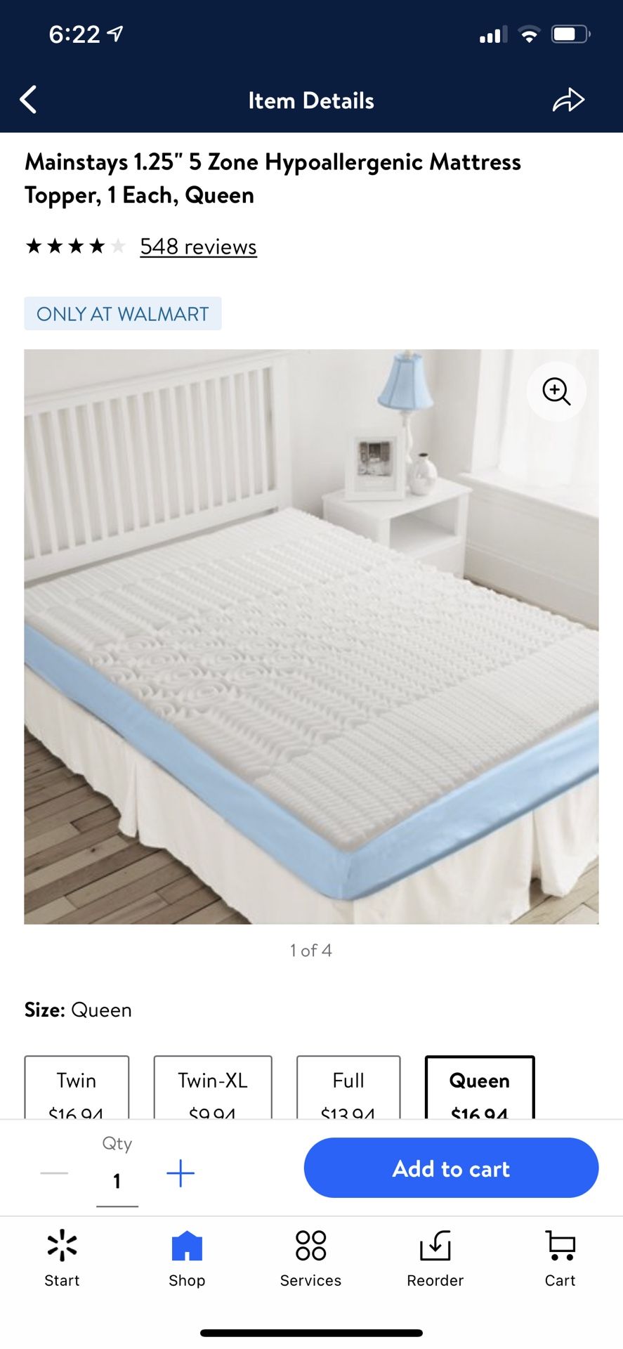 Mainstays 1.25" 5 Zone Hypoallergenic Mattress Topper, 1 Each, Queen it’s brand new open box