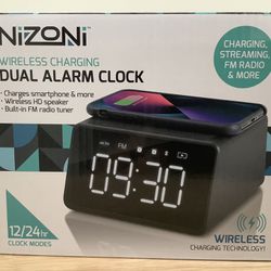 Nizoni Wireless Charging Dual Alarm Clock, 12/24hr Clock Modes, Charging, Streaming, FM Radio & More, Charges Your Smartphone & Earbuds