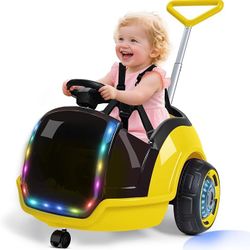 3-in-1 Electric Push Ride On Car, 12V Kids Ride On Toy w/Remote Control, 360° Spin, 5-Point Safety Belt, Colorful LED Light, Music Player, Push Car fo