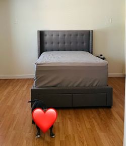Full Size Gray Tufted Storage Bed + Mattress & Box Spring – $275 OBO
