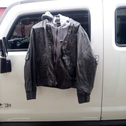 Leather Looking Hooded Jacket.Gray.(Polyurethane)