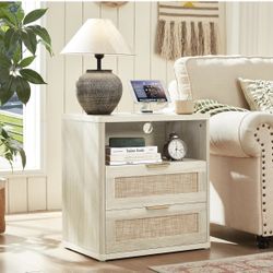 Set of 2 Rattan Nightstands with Charger Station and drawer