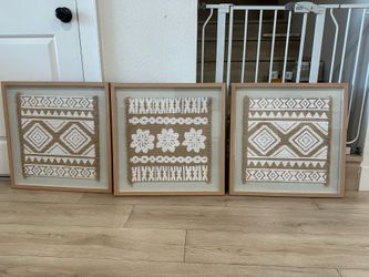 Beautiful Set of 3 Large Boho Shadow Box Woven Textile Wall Art (23.5” x 23.5”)