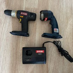 Ryobi 18.0v Drill, Light And Charger (no batteries)
