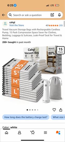 Cahgl 15-Pack Vacuum Storage Bags with Rechargeable Pump