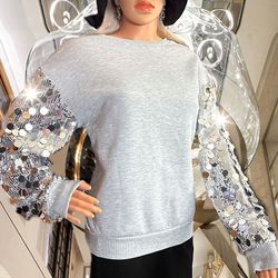 NWT, Lavishly Paris Grey sequin sleeve sweater